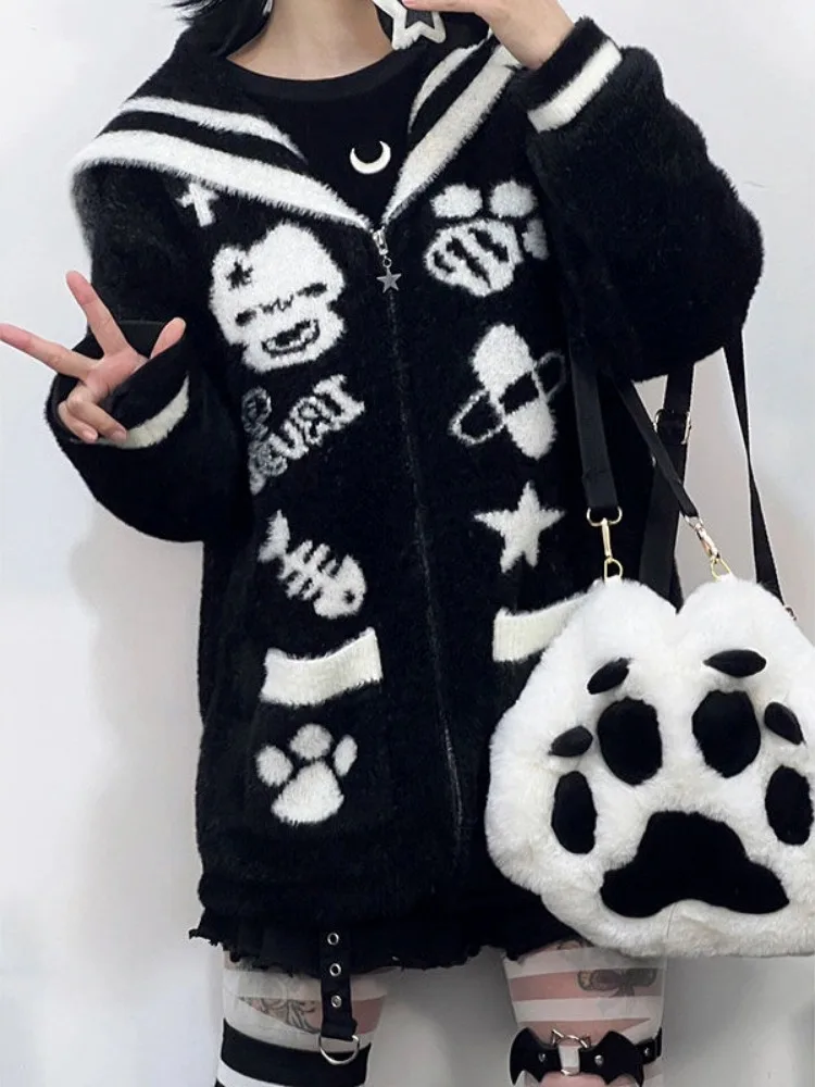 Streetwear Cartoon Jacquard Vintage Fluffy Coats Women Loose Sweet Y2k Aesthetic Zipper Top Japanese Kawaii Gothic Casual Jacket