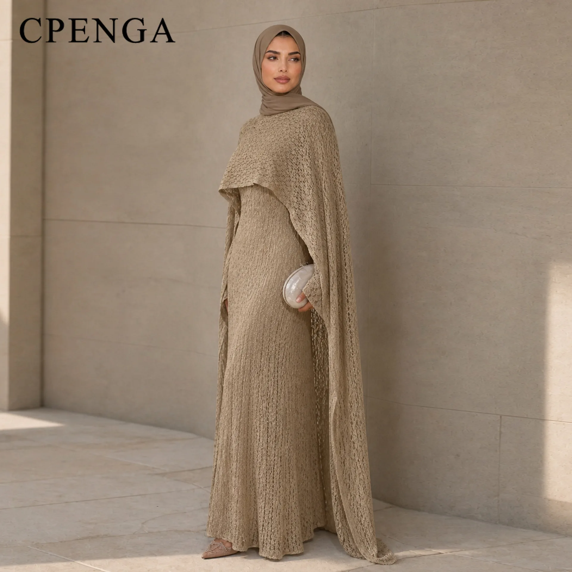 Elegant Lace Long Abaya Dress with Cape Shoulder Flowy Sleeves Women Muslim Party Evening Gown Modest Luxury Saudi Arabia Kaftan