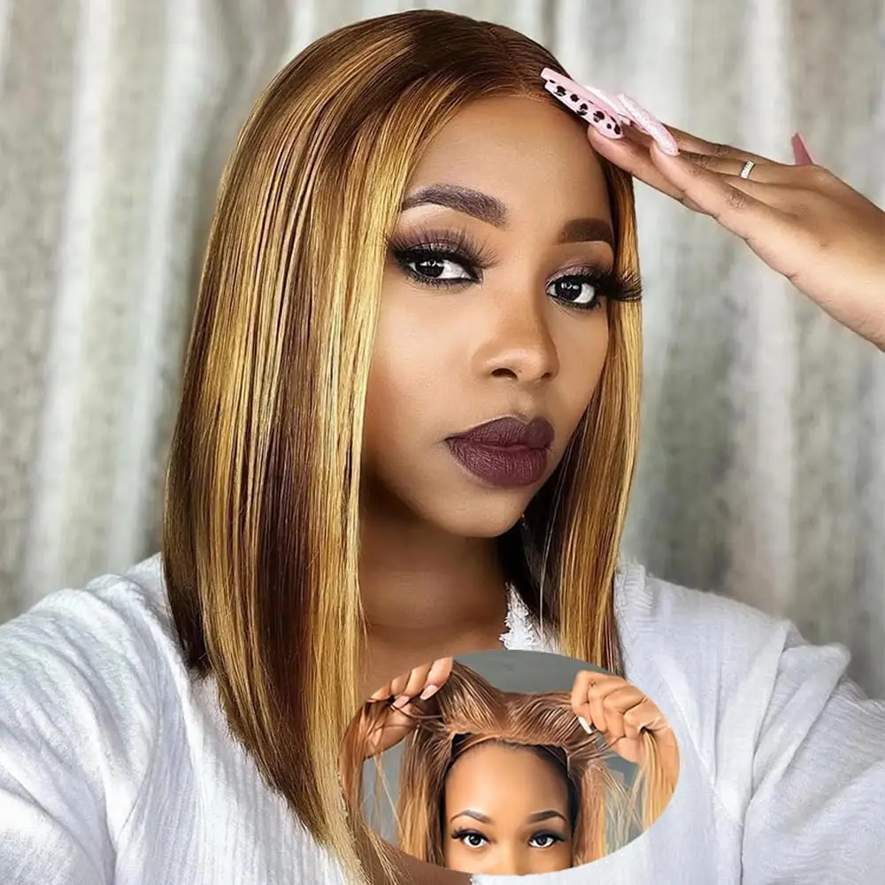 

Bob Wig Human Hair 14 Inch 6x4 HD Transparent Lace Front Bob Wigs Human Hair 4/27 Ombre Honey Blonde Straight Lace Frontal Bob