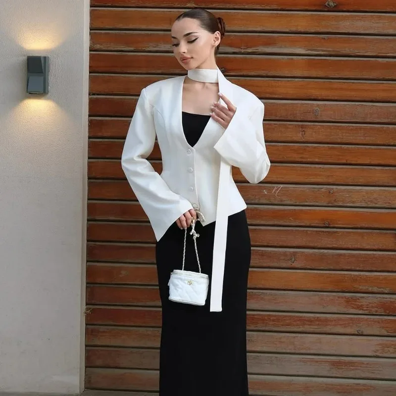 Ticketsx V Neck Scarf Blazer Jacket Women's Elegant Cinched Waist Single Breasted Full Sleeve Coat Female Casual Slim Blazers