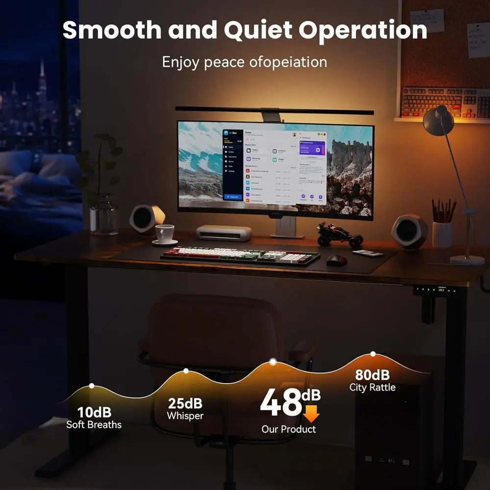 Escritorio eléctrico ergonómico marrón rústico, 48x24, altura ajustable con 2 ganchos para oficina en casa, tablero empalmado