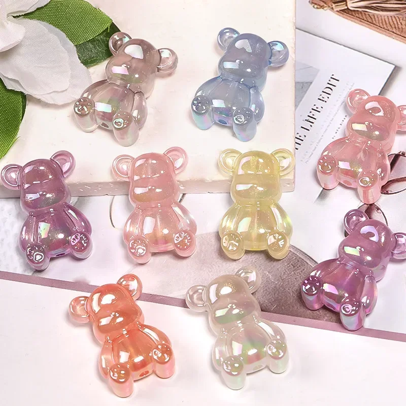 5Pcs Cartoon Bear Vertical Hole Bead Gradient Metallic Violent Bear Bead Wholesale DIY Jewelry Accessories Matreial