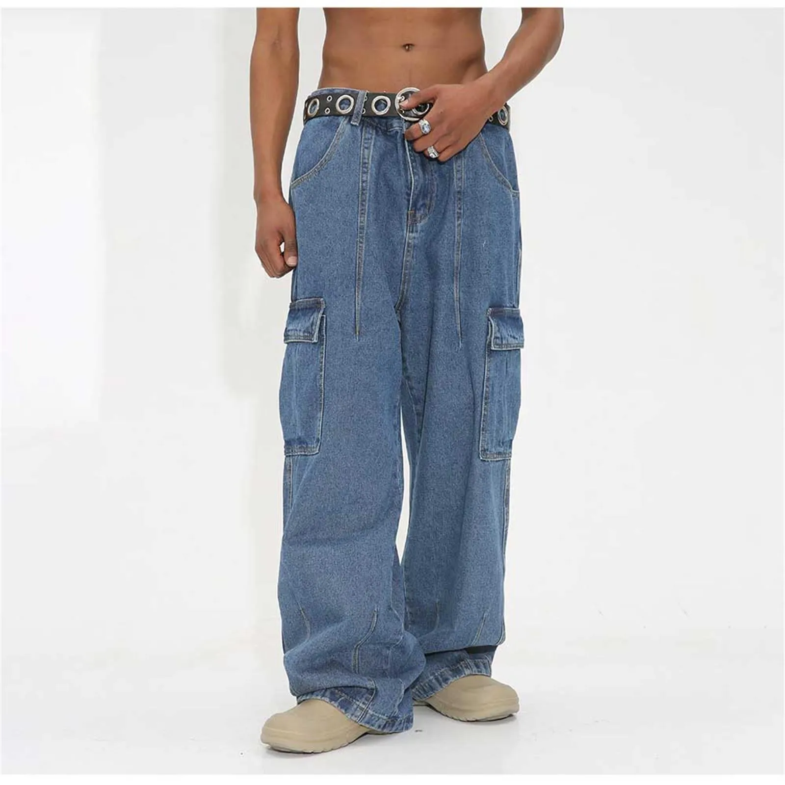 

Street Vintage Jeans New Y2K Harajuku Wash Blue Multiple pockets Baggy Jeans Denim Pants Men's High Waist Wide Trousers