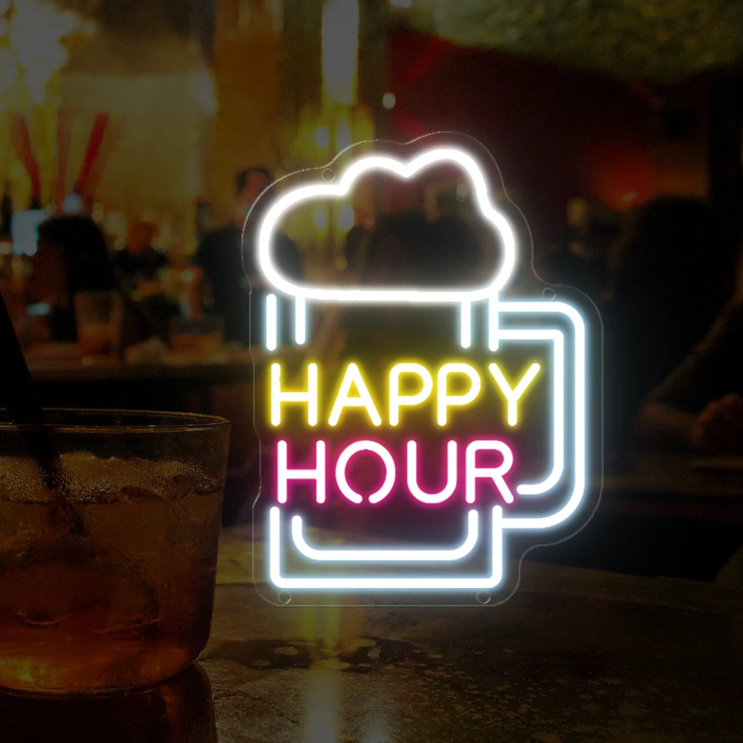 Happy Hour Neon Sign Light Bar Club Beer Cafe Bedroom Room Home Shop LED Neon Sign Hanging Wall Decor Birthday Party Sign Neon