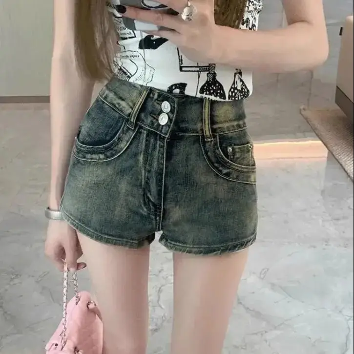 American Retro Denim Shorts Women Summer Washing Old Double Button High Waist Straight Stretch Hot Girl A-Line Hot Pants