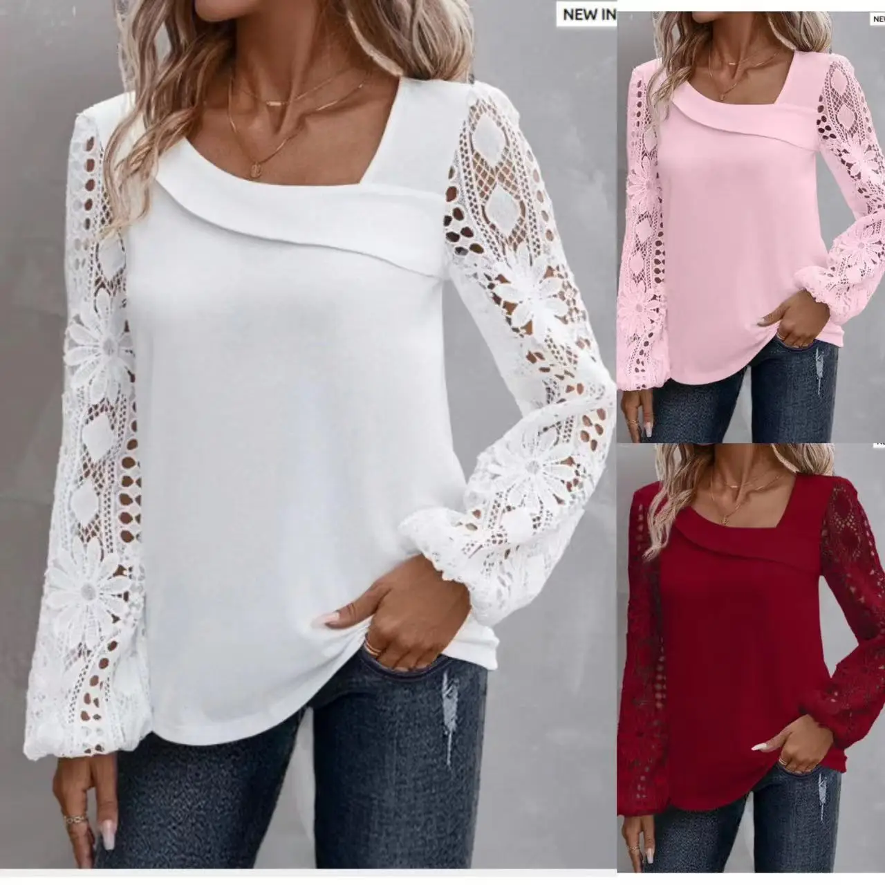 Fashion White Lace Long Sleeve Tops And Blouses Women 2023 Summer Casual Slanted Collar Buttons Office Blouse Top Femme Shirt