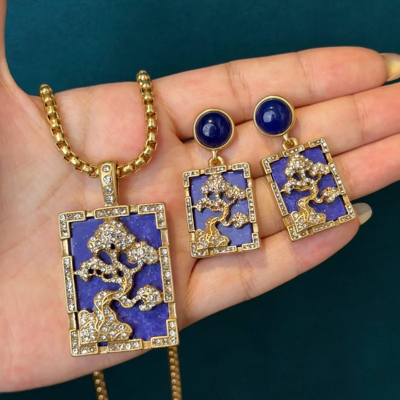 Vintage Lapis Lazuli Pine Tree Square Plaque Necklace Earring For Women Classic Luxury Brand Design Wedding Party Gift New