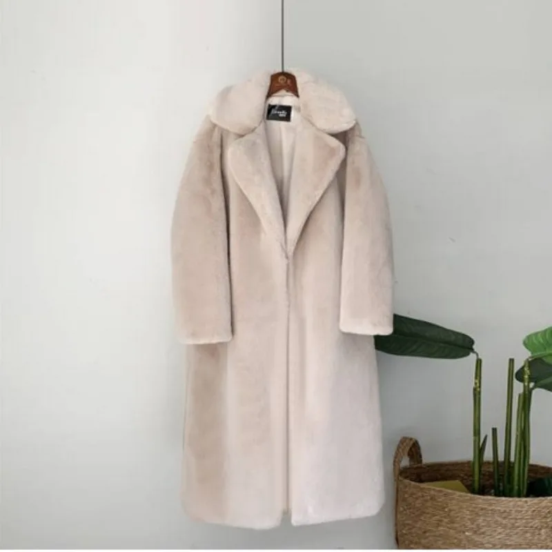 

Winter Women High Quality Faux Rabbit Fur Coat Luxury Long Fur Coat Loose Lapel OverCoat Thick Warm Plus Size Female Plush Coats