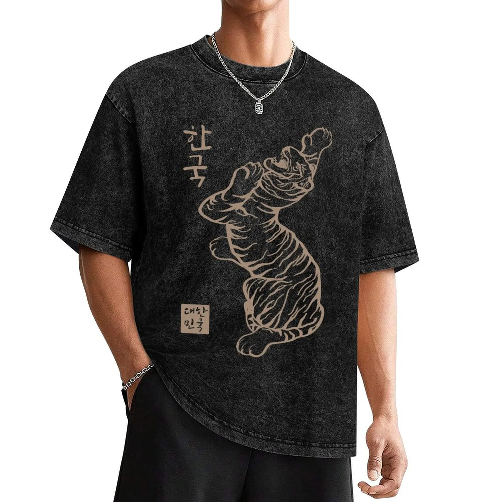 Korean map with hangul alphabet, tiger art with marble texture T-Shirt boys animal print sublime Men's t shirts