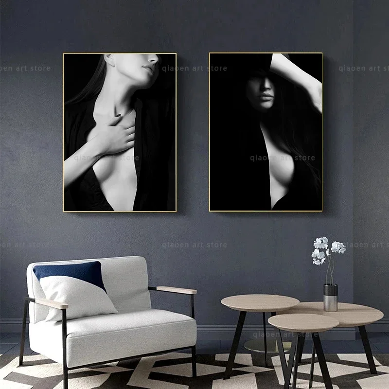 Sexy schöne Frau, schwarz-weiße Mode-Poster und Drucke, Leinwandgemälde, Wandkunst, Bild für Wohnzimmer, Heimdekoration