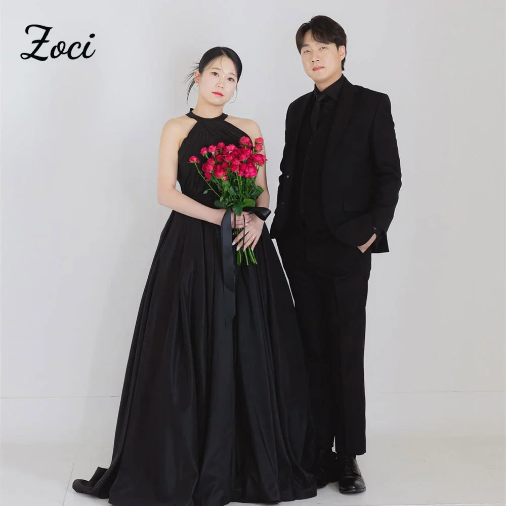 

Zoci Элегантные черные трапециевидные корейские свадебные платья с лямкой на шее, атласные свадебные платья по индивидуальному заказу, драпированное платье для свадебной фотосессии