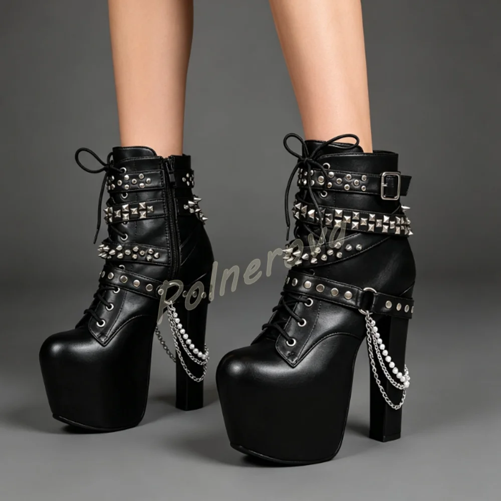 Women Gothic Platform Ankle Boots Rivet Spiked Lace Up Block High Heel Shoes Pearl Chain Side Zipper Punk Rock Party Short Boots