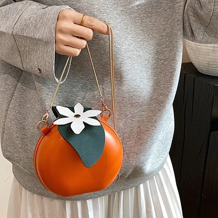 

Cartoon Orange Shape Handbag With Coin Purse Zip Chains Crossbody Bag Small Purse Detachable Shoulder Bag Women's Round Satchel
