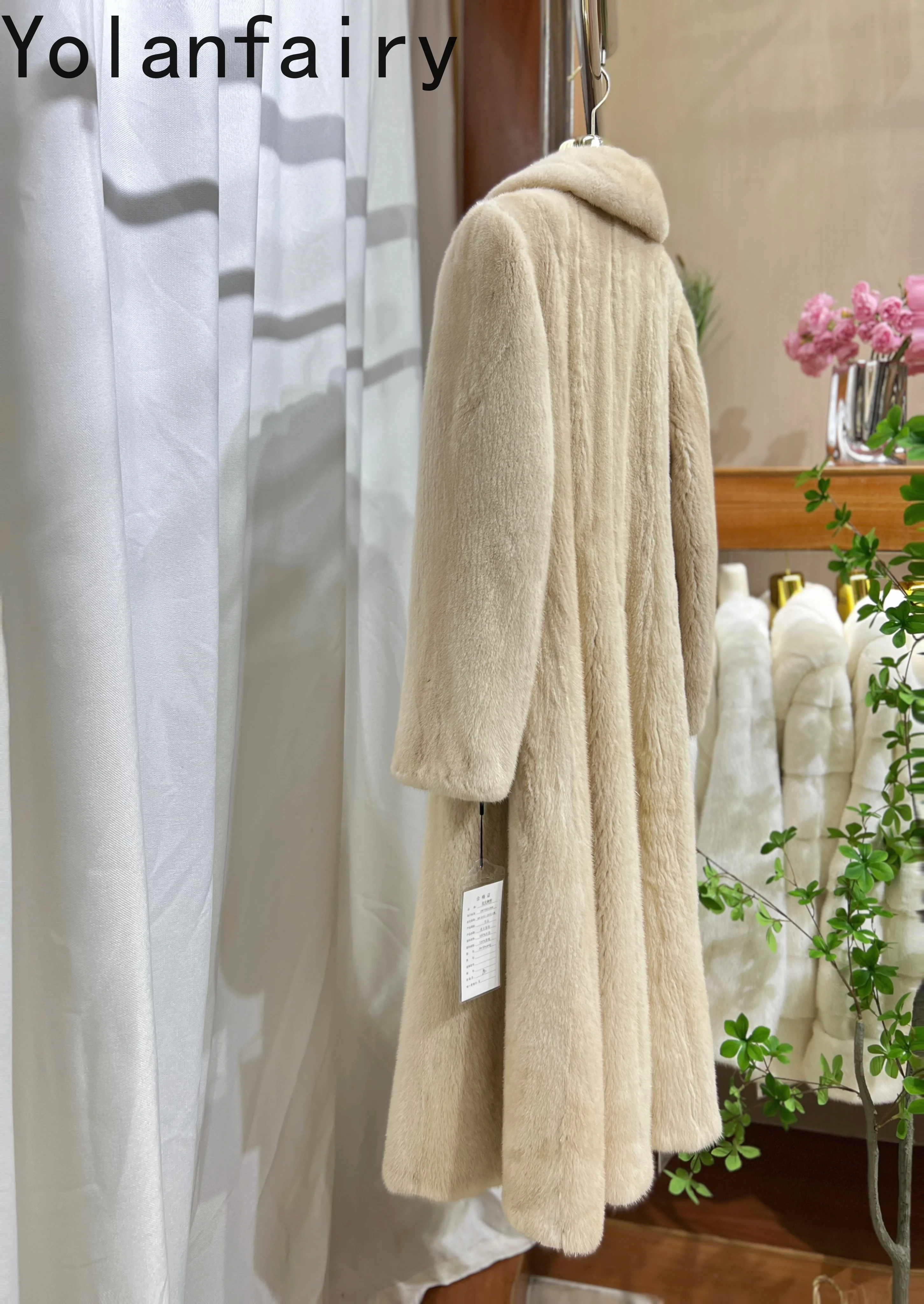 YOLANFAIRY 高級天然毛皮コート 女性用 冬 本物のミンクファーコート 女性用 韓国ファッション ベージュカラー ロングファージャケット アブリゴス