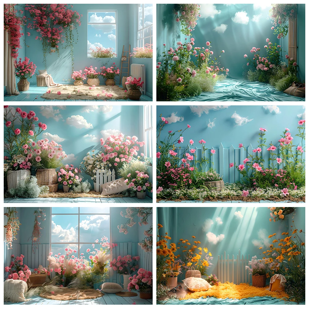 

Photography Background Blue Room Window Flowers Window Garden Kids Birthday Party Portrait Decor Backdrop Photo Studio
