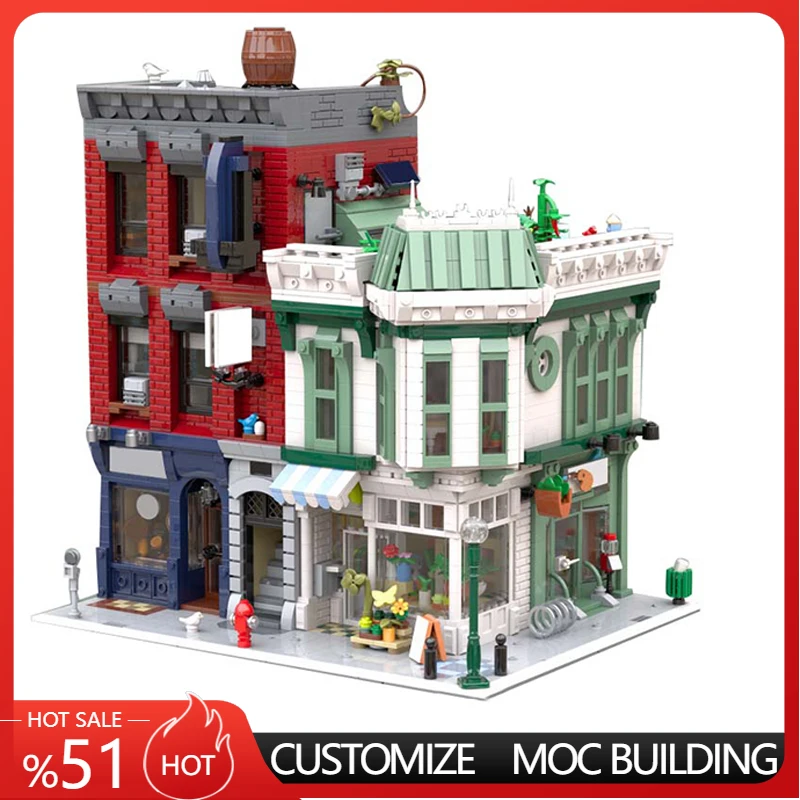 

5749 деталей Городской уличный часовой магазин MOC: Модульный конструктор для индивидуальной сборки, развивающий творческий дизайн, игрушка-подарок для фестивалей, сделай сам