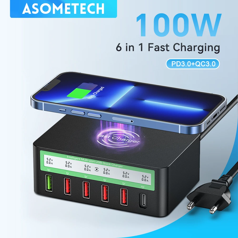 100W USB PD QC Charger Adapter Wireless Charger 6 Ports Fast Charging Station for IPhone 14 13 12 Pro Max IPad, Samsung Huawei