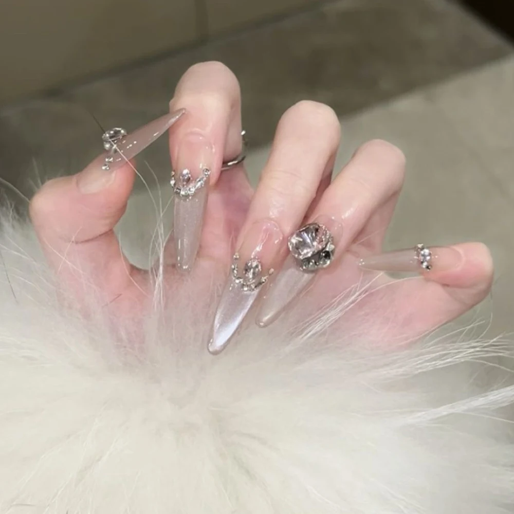 10 Uds. De ataúd de aguja largo a la moda, uñas postizas brillantes con diamantes de imitación Y2K, ojos de gato, flores de perlas, mariposa, uñas postizas removibles francesas