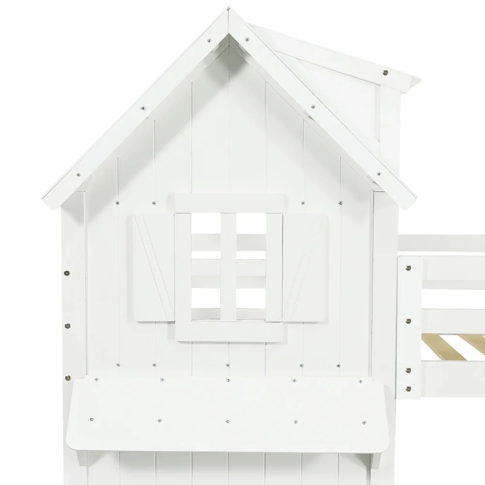 Kinder-Etagenbett mit schönem Fenster und seitlichen Sicherheitsgeländer auf dem Dach, dreistufiger gerader Leiter, stabiler Lattenrost – Detail 20