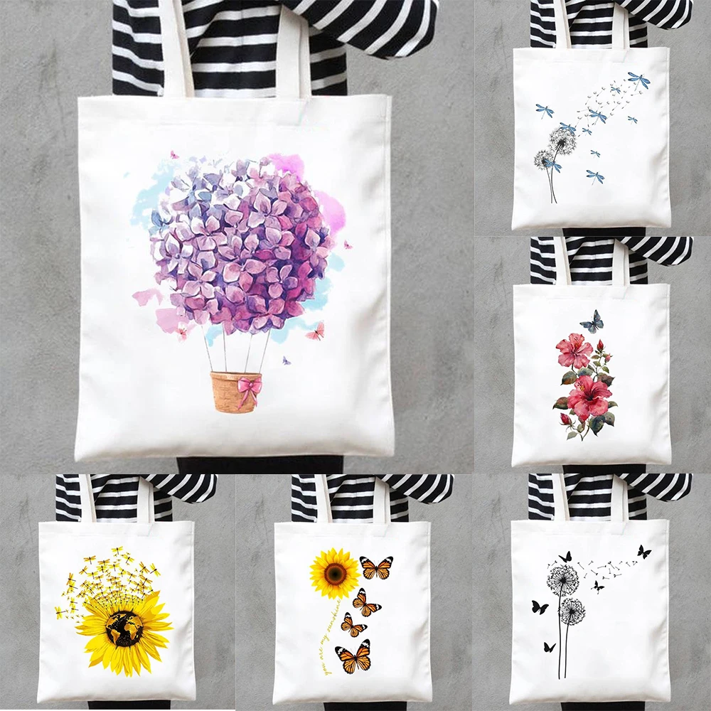 Floral Insect Print Canvas Tote Bag Stylish Casual Suitable Capacity Shoulder Bag for Nature Enthusiasts Ideal for Daily Outings