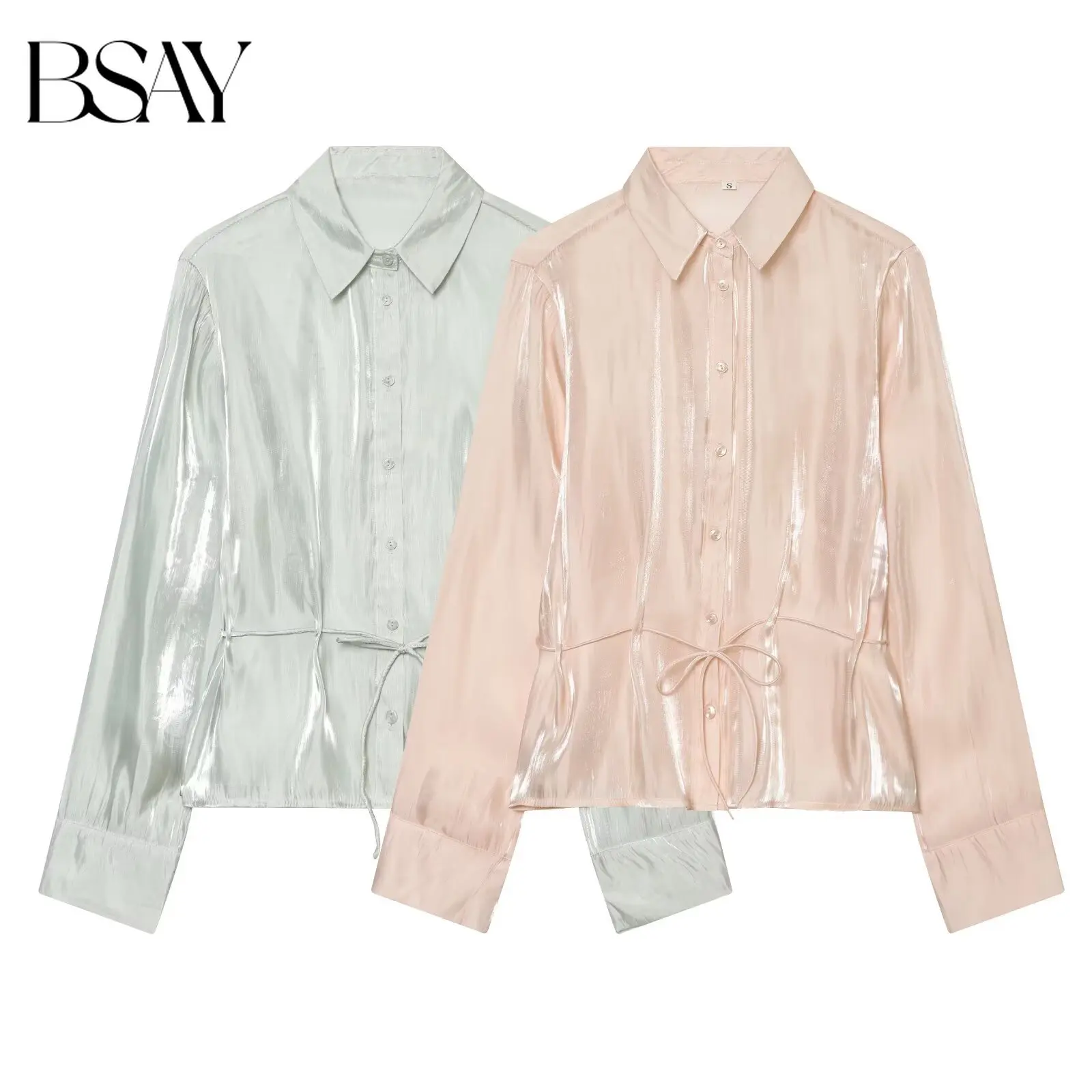 BSAY Summer New Women's Long Sleeve Button Down Shirt Lapel Collar Blouse with Waist Tie Bow Casual Streetwear Top