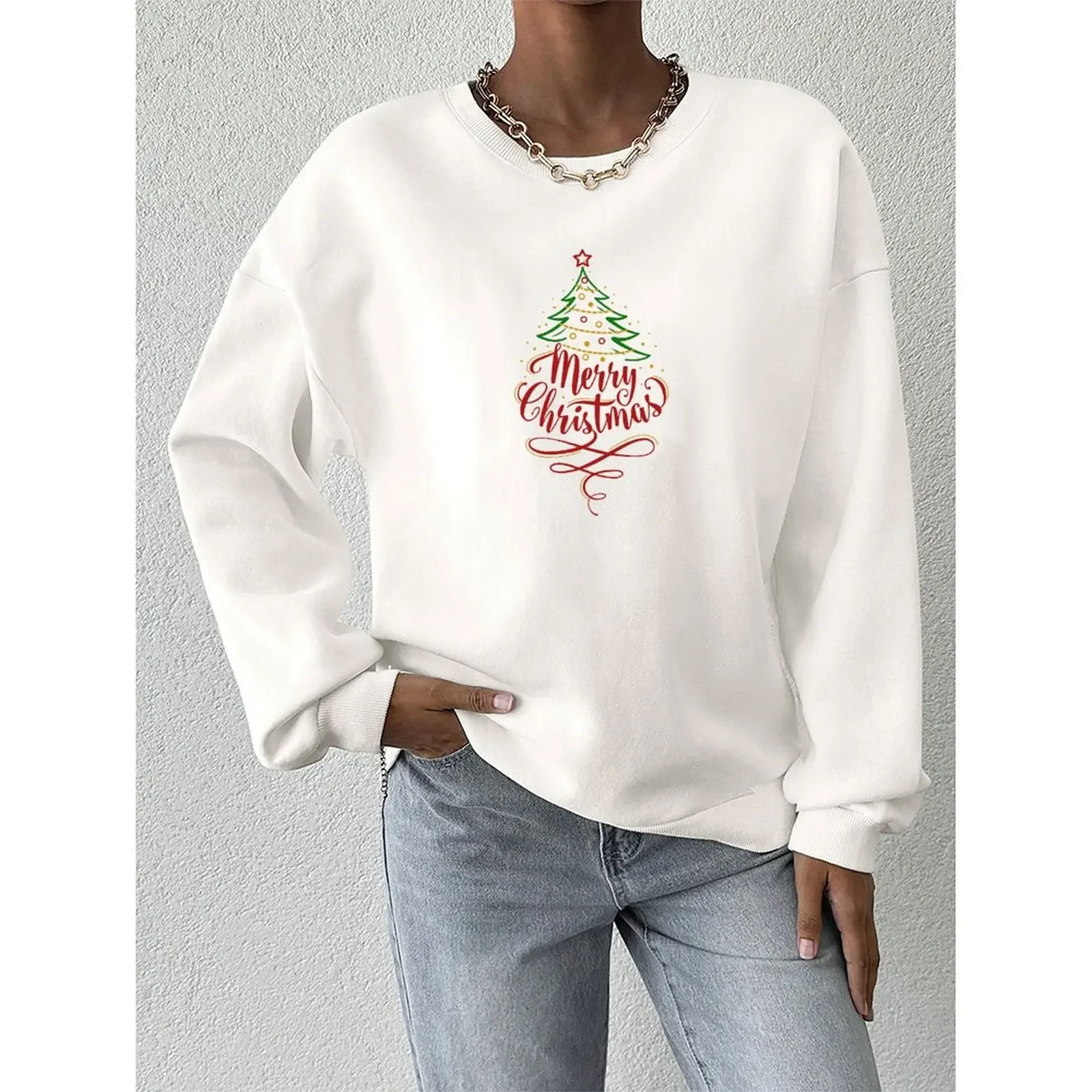 Pullover Felpe con o-collo per donna Velluto invernale Casual Moda allentata Comodo top a maniche lunghe con motivo stampato natalizio