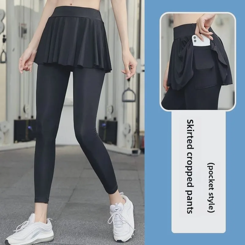 目に見えない股パンツスポーツヨガスーツ偽二枚薄いジッパーポケットキュロット速乾性練習パンツ女性ロパムヘール