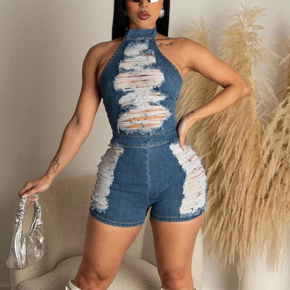 

Distressed Holes Denim Playsuits Women Summer Halter Backless Zipper Jeans Shorts Jumpsuits Fashion Sleeveless Street Overalls