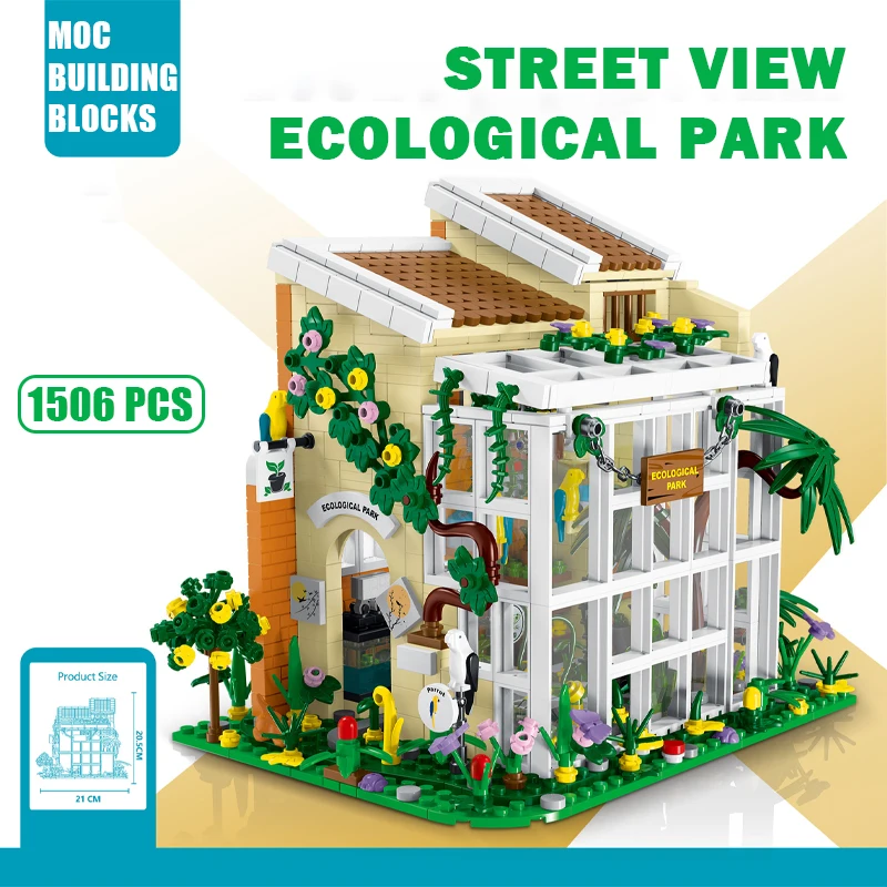 

City Greenhouse Street View MOC Building Blocks with LED Strip Ecological Park Architecture Modular Bricks Toys for Kids Gifts