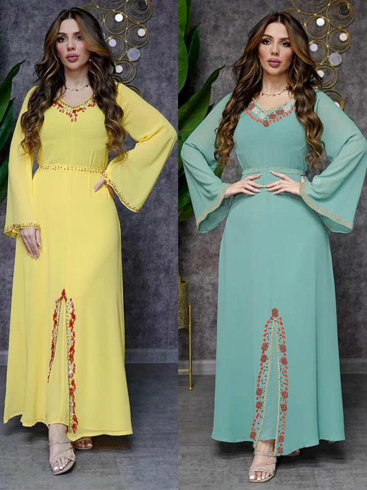 

Eid Diamond Party Dress Women Muslim Abaya Chiffon Ramadan Dubai Morocco Abayas Kaftan Elegant Robe Vestidos Turkey Gown 2023