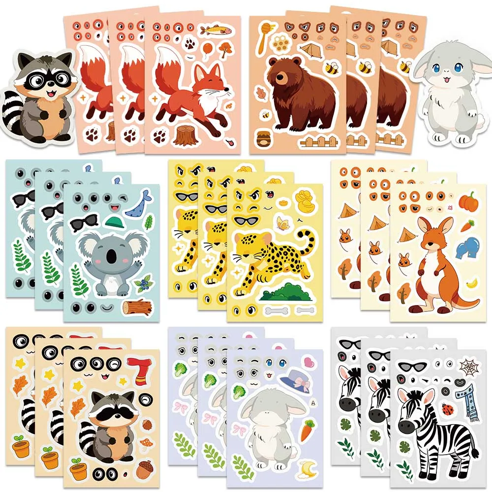 

8/16/24/32pcs Cartoon Cute Animals Fox Zebra Make A Face Puzzle Stickers Decals For Phone Luggage Scrapbook DIY Graffiti Stickes