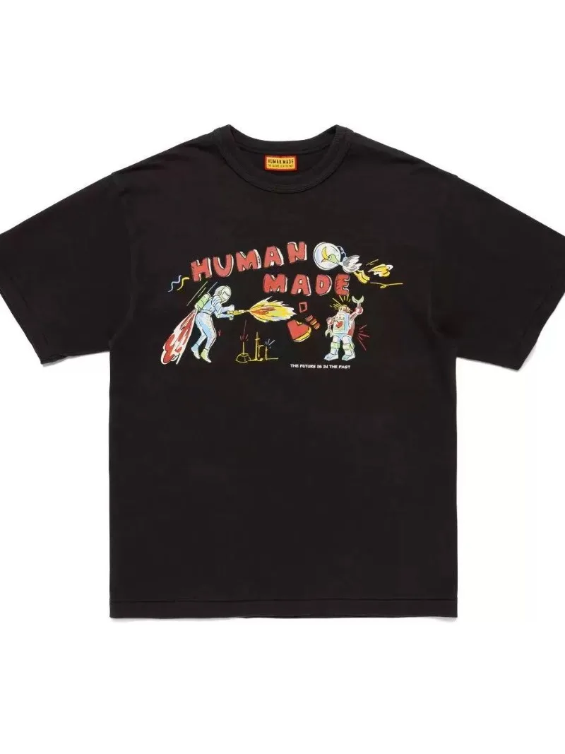 Human Made Style Hand-Drawn Graphic Slub Cotton T-Shirt, Casual Tee for Unisex