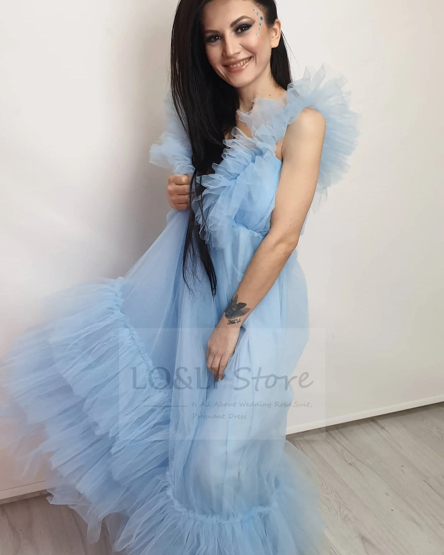 V-Neck Fluffy Dress For Women Baby Blue Robe Gown Maternity Dress for Photoshoot Long Maxi Dress Boudoir Party Dress Sleeveless