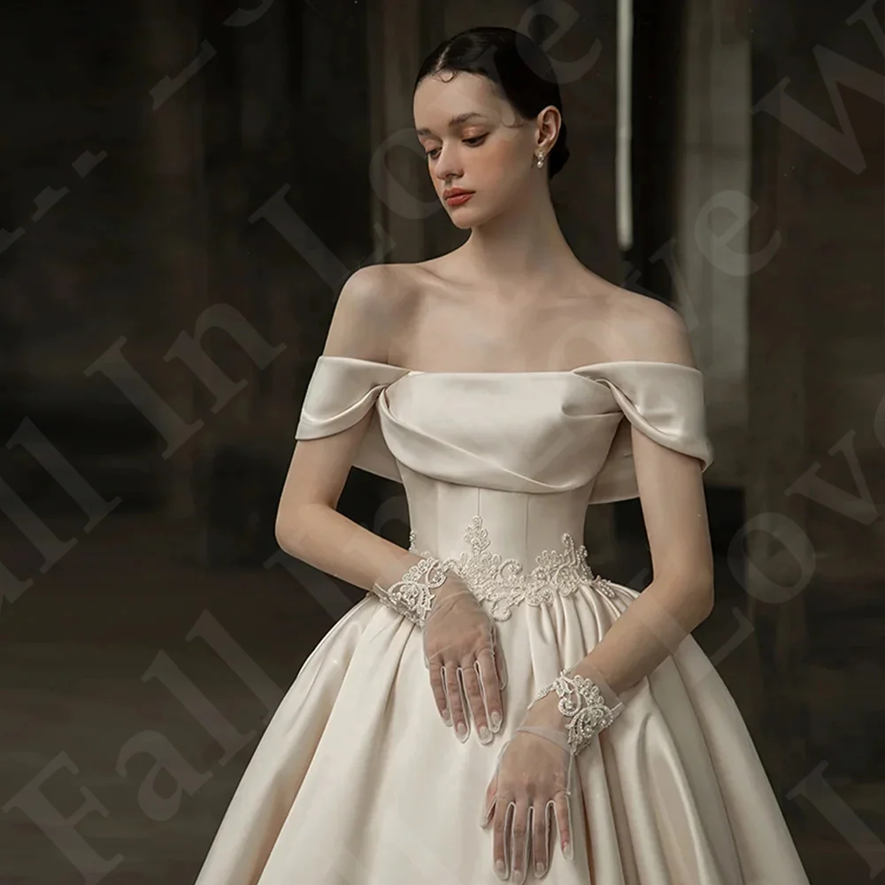 Robe de Mariée Vintage en Satin à Manches Courtes et Col Bateau, Corset à Lacets dans le Dos, Éducatif