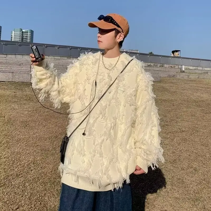 

Мужской винтажный свитер свободного кроя с круглым вырезом, вязаный, в американском повседневном стиле, большие размеры, 300 Pou