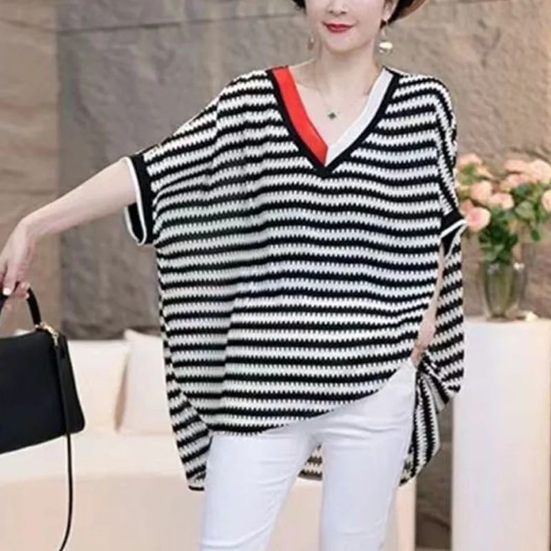 Summer New Women's Pullovers Spliced Color V-Neck Printed Elegant Fashion Loose All-match Commuter Half Sleeve Chiffon Blouse