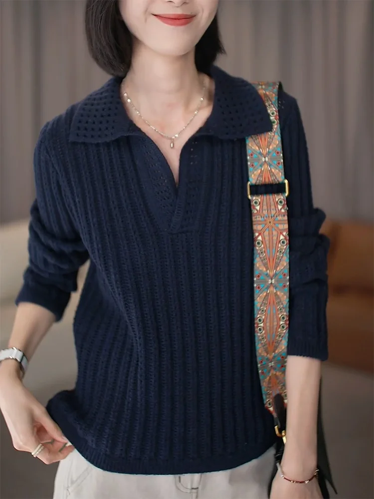 

Синий вязаный трикотаж, простой женский корейский свободный крой с вырезом воротником, длинный све, влажный ng, цвет