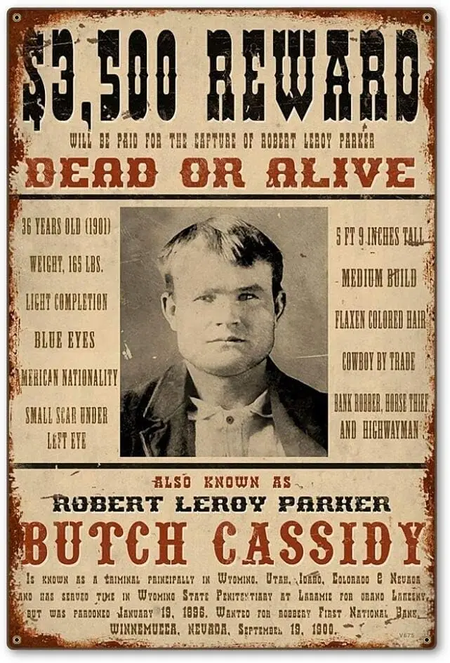 Retro Art Tin Sign Butch Cassidy Wild West Wanted Reward for Bar Farm House Coffee Poster Plaque bookstoreWall Decorative 8 sign