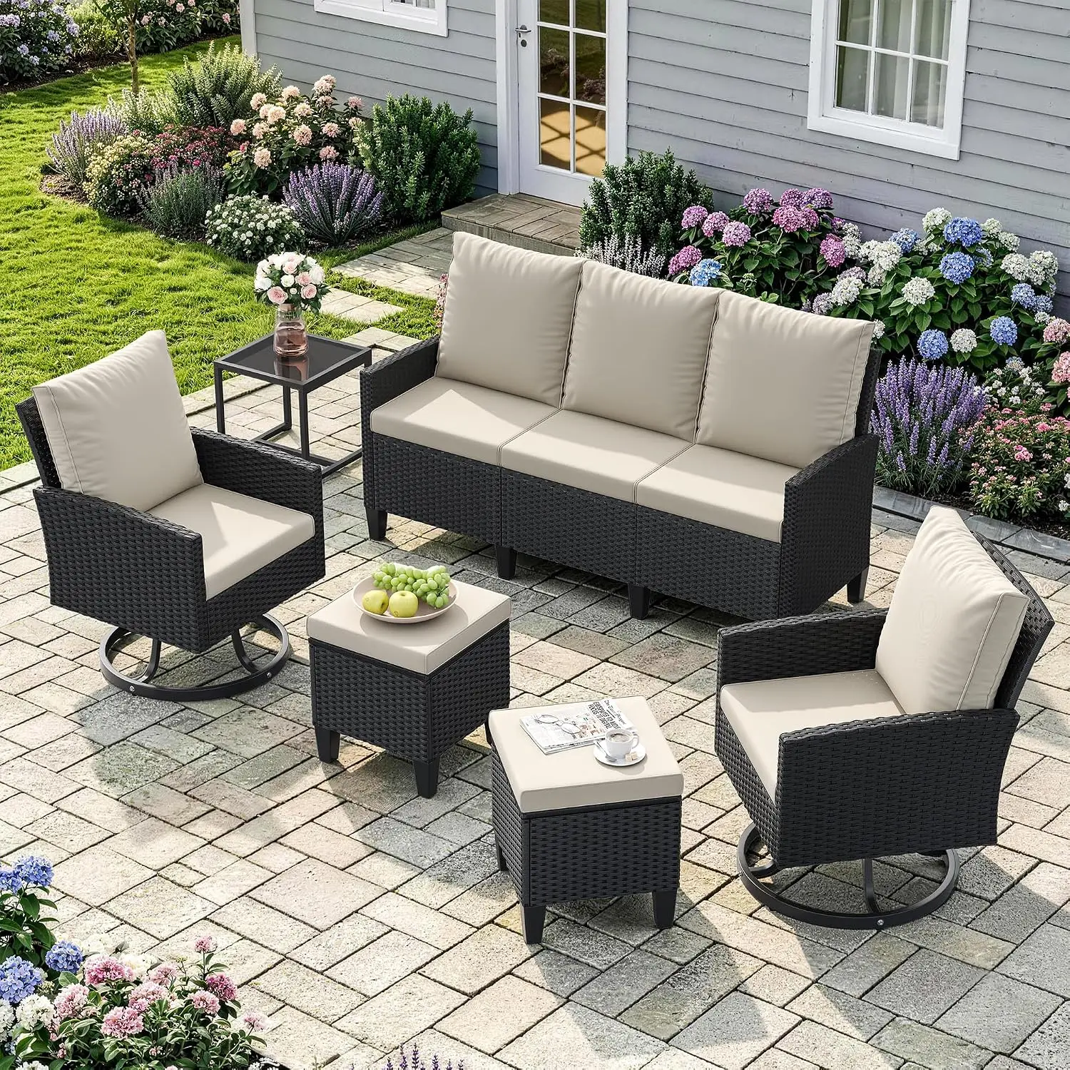 Outdoor Patio Furniture Set, 6 Pieces Conversation Sofa with 360° Swivel Chairs, All Weather Wicker Outdoor, Customized