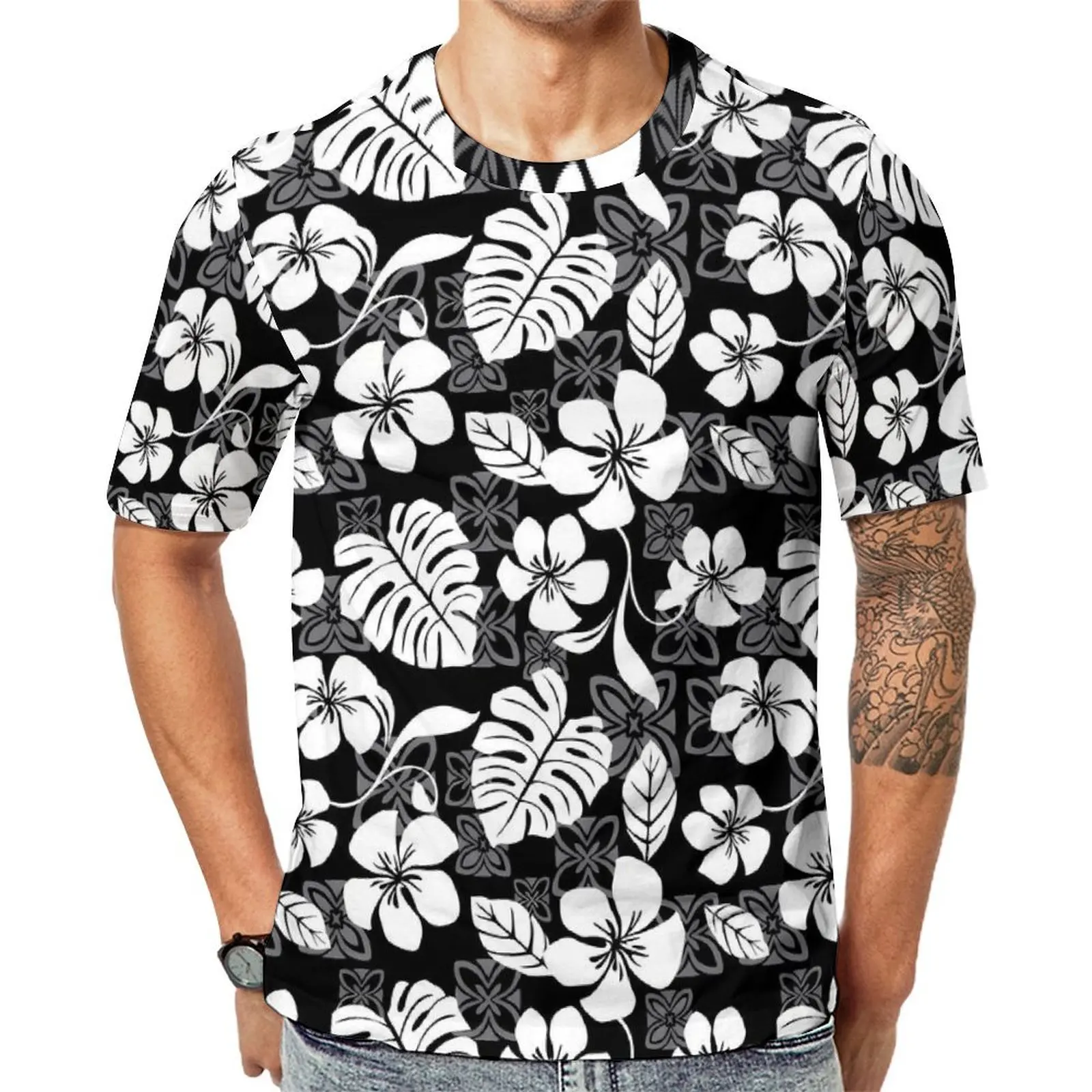 Man Tropical Floral T-Shirt White Flower Print Fashion T-Shirts Short Sleeves Graphic Tshirt Hot Sale Summer Oversized Tees