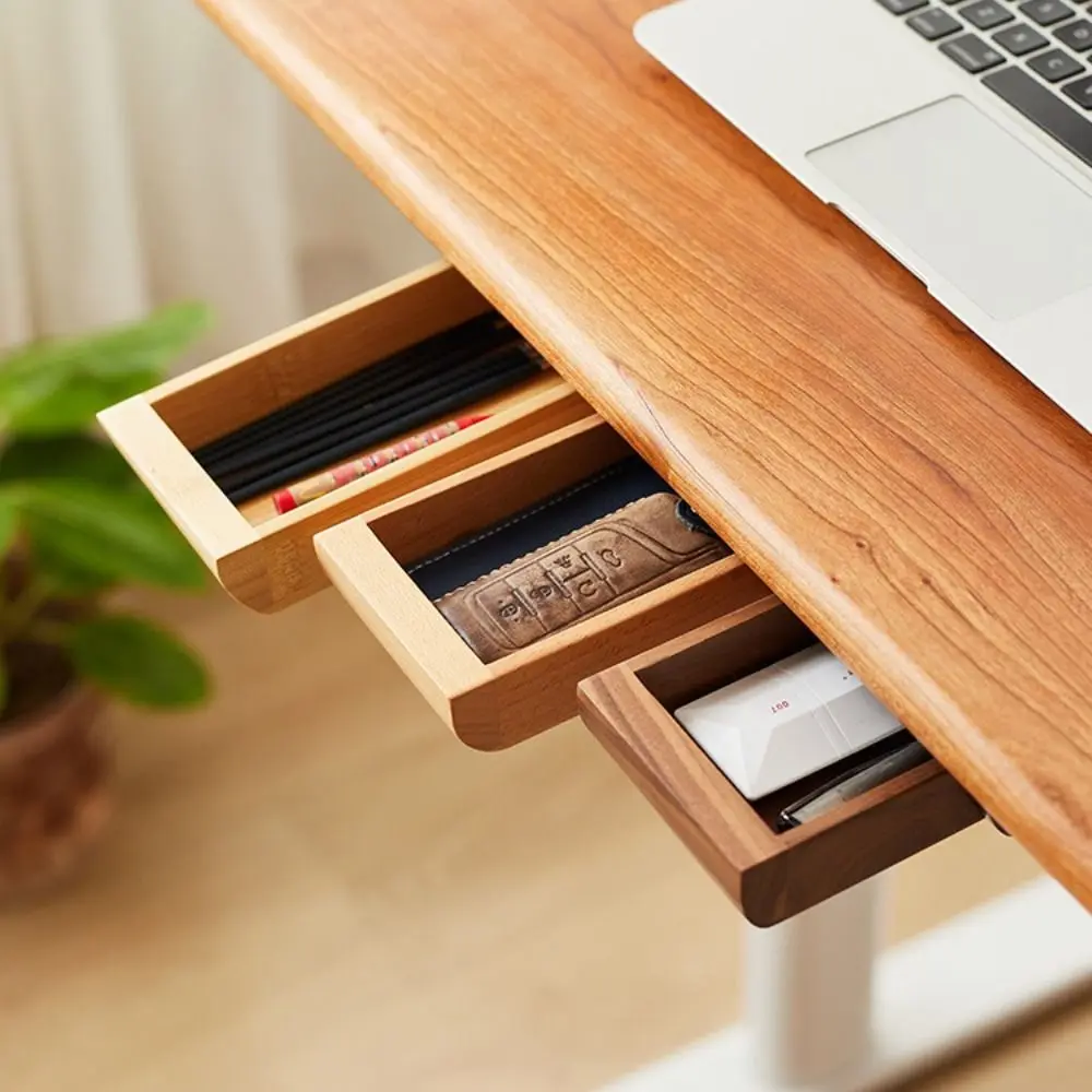 Under Desk Self Stick Bamboo/Walnut Adhesive Storage Box Wooden  Drawer Stationery Container Home Storage Slide Out Desktop