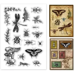 Insects Illustration Clear Stamps, Vintage Plant Rubber Stamp Silicone Stamp Background Transparent Stamps for Card Making