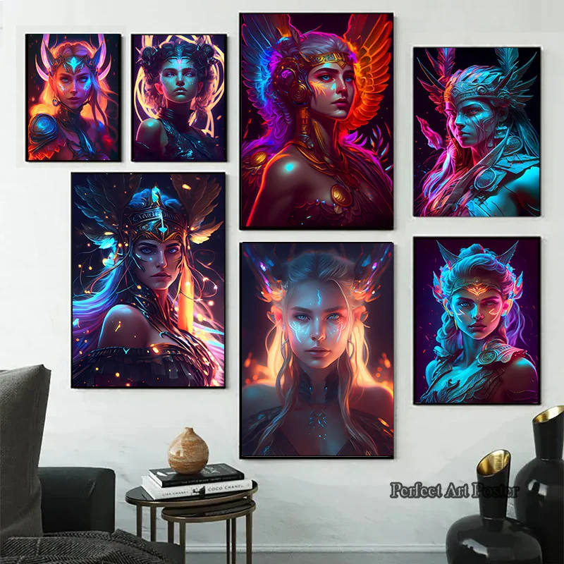 80s Neon Gods Pop Poster Hermes Zeus Aphrodite Samurai Medusa Printed Canvas Painting Aesthetic Wall Art Home Gamer Room Decor