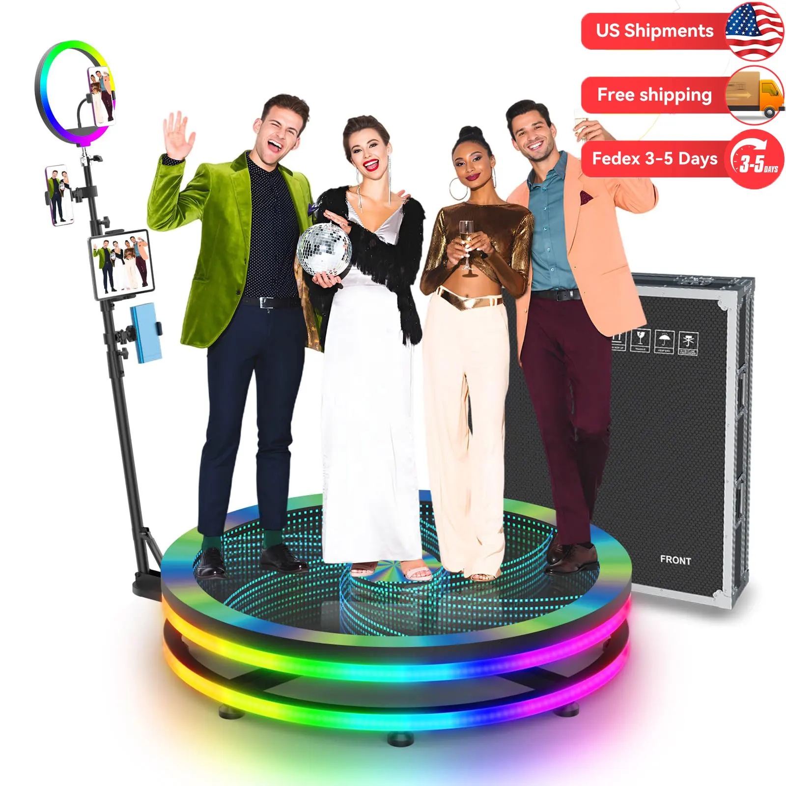 

RGB Light 360 Photo Booth Machine 100cm for 1-5 people 360 Video Photobooth for Wedding Party with Flight Case Camera Photobooth