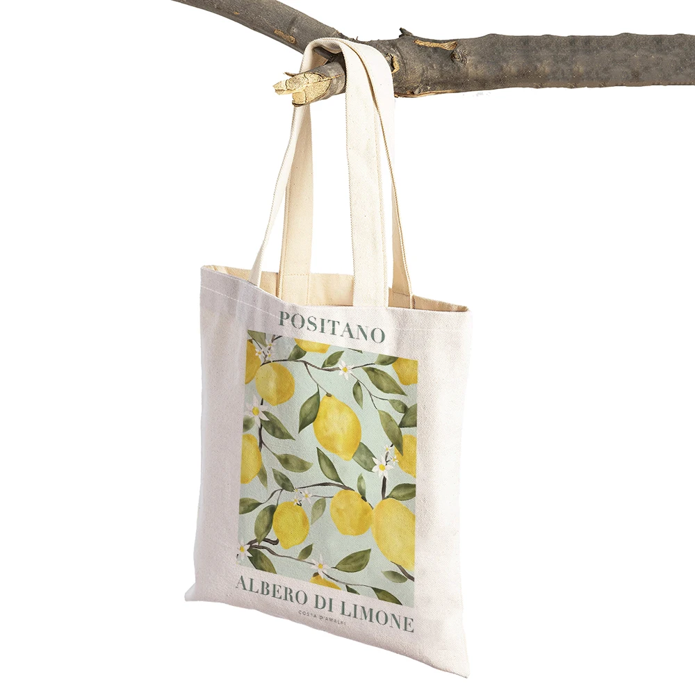 Valencia Orange Positano Lemon Flowers Leaves Women Shopper Bags Tote Linen Plant Travel Shoulder Handbag Shopping Bag