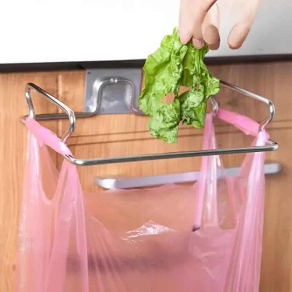Multi-purpose Cabinet Door Trash Bag Rack Stainless Steel Trash Bag Hanger Storage Rack Kitchen Trash Bag Rack Without a hook