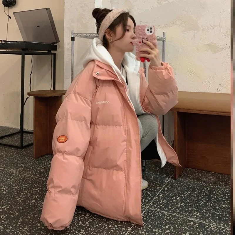 Parkas falsas de dos piezas con capucha para mujer, abrigos holgados de algodón de invierno a la moda, abrigos gruesos de estilo coreano con cremallera dulce, apliques para estudiantes Ins