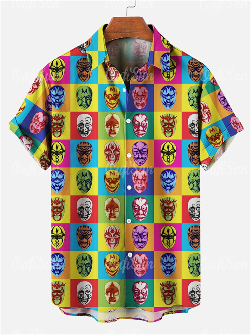 

3D Print Vintage Men's Shirts Mexican Wrestling Printed High-Quality Men's Clothing Oversized Beach Shirt Fashion Casual Tops