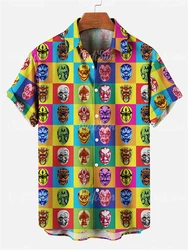 3D Print Vintage Men's Shirts Mexican Wrestling Printed High-Quality Men's Clothing Oversized Beach Shirt Fashion Casual Tops