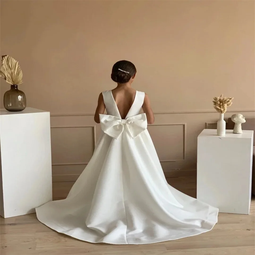 Vestidos personalizados sem mangas para meninas, vestidos para casamento com laço até o chão, vestidos de aniversário para meninas, vestidos de primeira comunhão